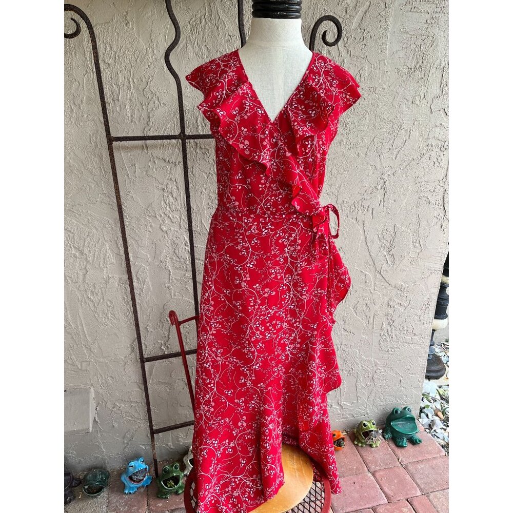 Max Studio Bubble Cream Wrap Dress Size Large Ruffle Sleeveless Red 93615 - Picture 2 of 7